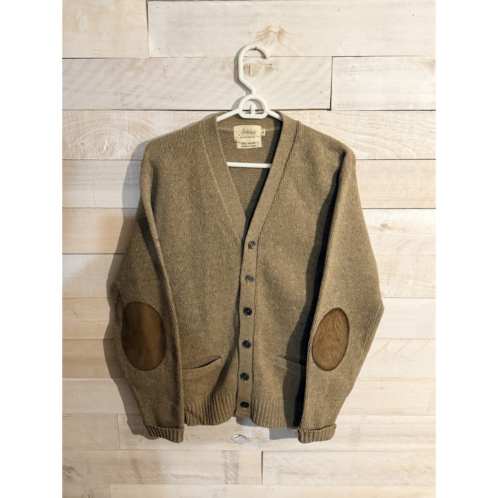 VTG Archdale Sportswear Tan Shetland Wool Elbow Patch Cardigan Size L